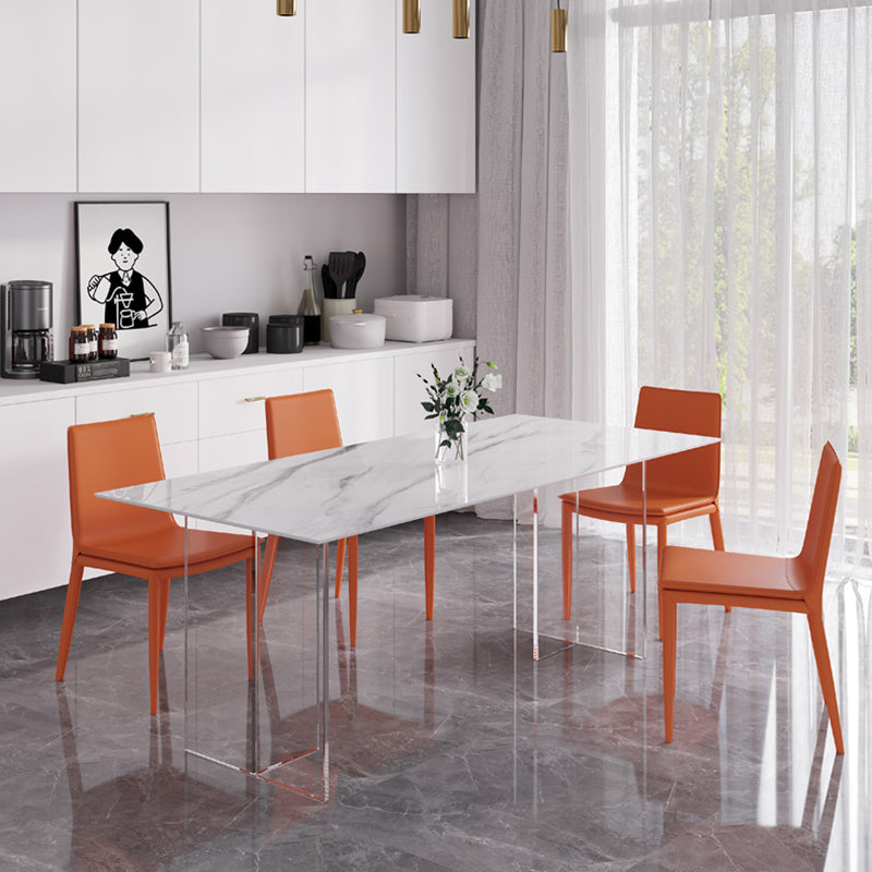 Modern 1/4/5/7 Pieces Dining Table Rectangle Stone Furniture in White 5 Pieces: Table, 4 Orange Chairs Clearhalo 'Dining Room Sets' 'Dining Tables & Seating' 'dining_room_set' 'furn' 'furn_dining_room_set' 'Furniture' 'Kitchen & Dining Furniture' 7097049