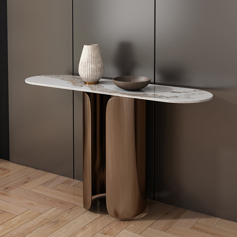 16 Inch Wide Glam Console Table Oval Stone Accent Table for Hall