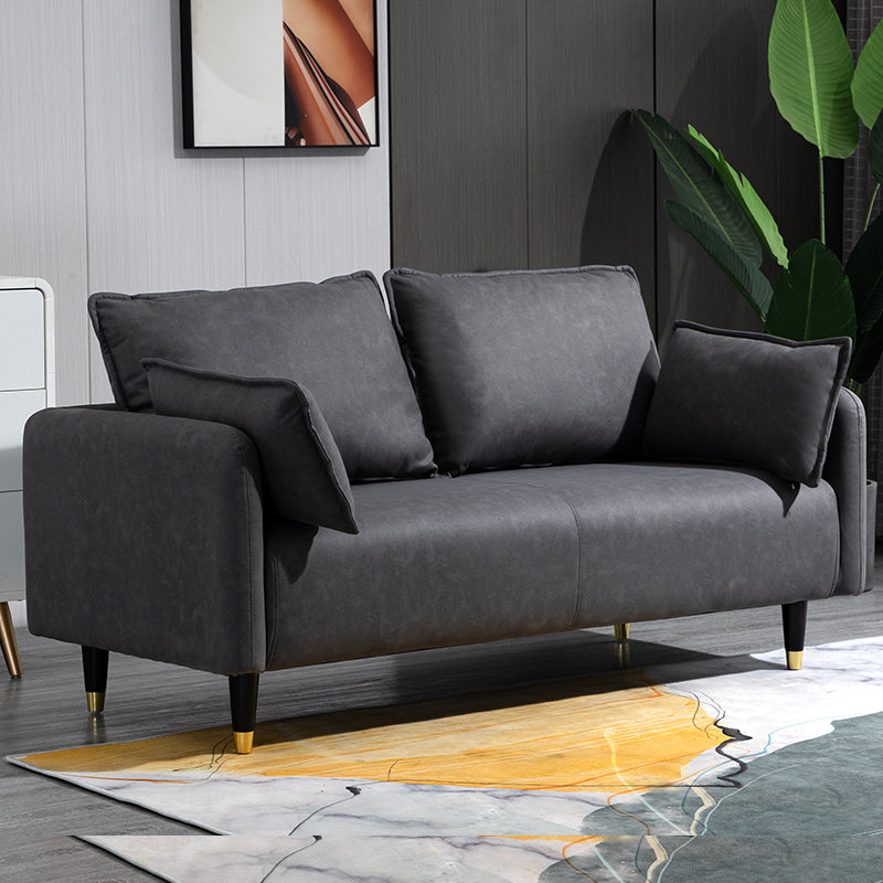 Contemporary Sofa with 2 Pillows Tuxedo Arm Living Room Faux Leather Settee