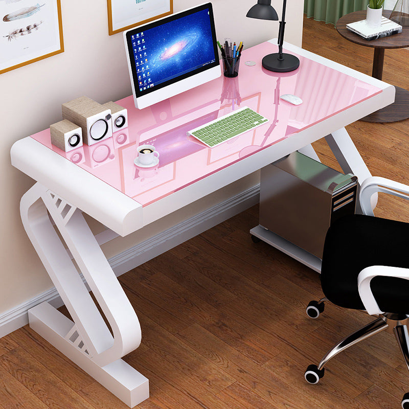 Contemporary Gaming Desk Antique Finish Glass Top Office Desk with Metal Legs White Pink Clearhalo 'furn' 'furn_office_desk' 'Furniture' 'Office Desks' 'Office Furniture' 'office_desk' 7130334