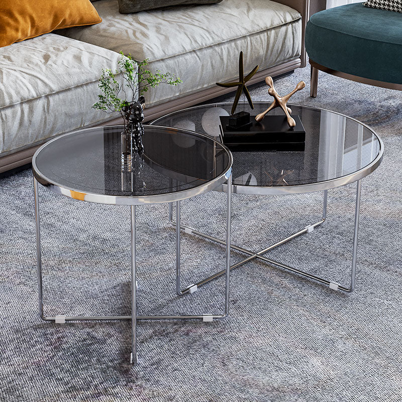 Round Cross Legs Coffee Table Stainless Steel Cocktail Table 28"L x 28"W x 15"H + 19"L x 19"W x 18.5"H Black Clearhalo 'Coffee & Accent Tables' 'Coffee Tables' 'coffee_tables' 'furn' 'furn_coffee_tables' 'Furniture' 'Living Room Furniture' 7131392