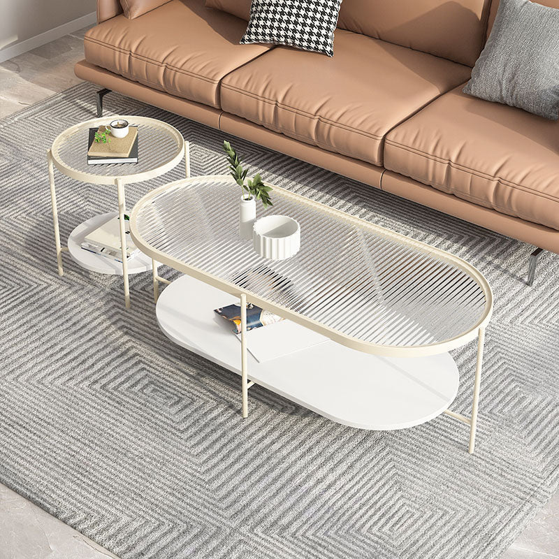 4 Legs Metal Coffee Table Shelf Included Oval Glass Top Cocktail Table 49"L x 21.5"W x 18"H + 18"L x 18"W x 20"H Off-White Clearhalo 'Coffee & Accent Tables' 'Coffee Tables' 'coffee_tables' 'furn' 'furn_coffee_tables' 'Furniture' 'Living Room Furniture' 7131416