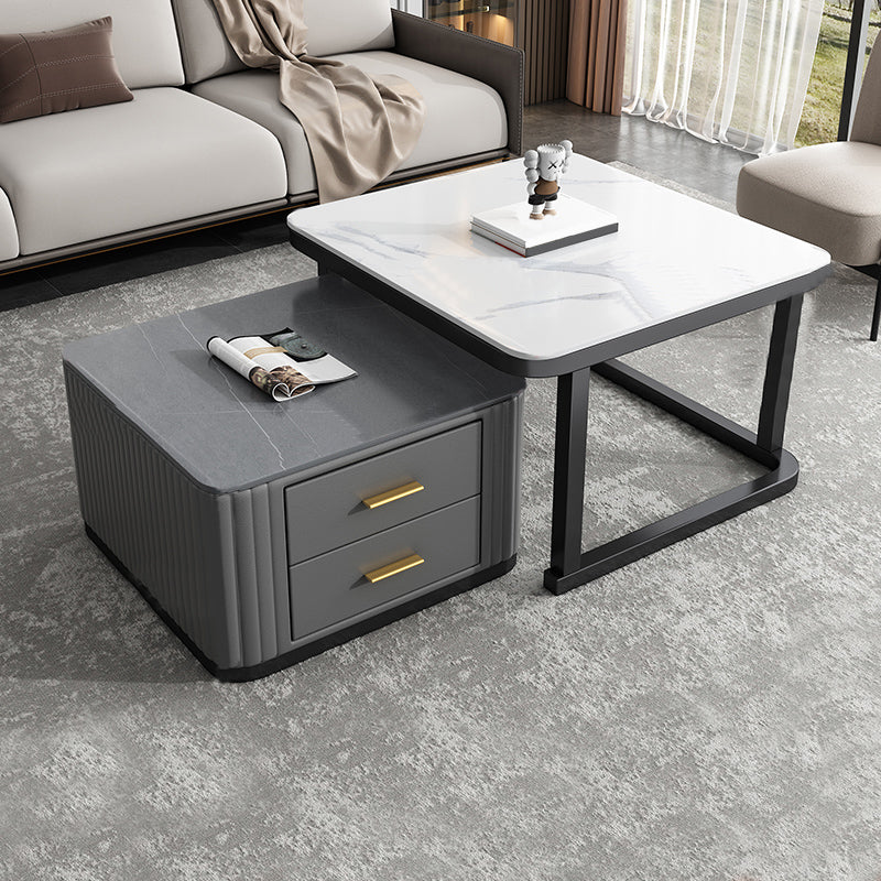 Modern Square Stone Coffee Table with Drawers 2 Nesting Cocktail Table Set 28"L x 28"W x 18"H + 24"L x 24"W x 15"H Black Grey White Clearhalo 'Coffee & Accent Tables' 'Coffee Tables' 'coffee_tables' 'furn' 'furn_coffee_tables' 'Furniture' 'Living Room Furniture' 7131548