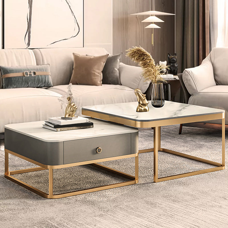 Frame Coffee Table Slate/Glass Top Coffee or End Table with Drawer Gold White Clearhalo 'Coffee & Accent Tables' 'Coffee Tables' 'coffee_tables' 'furn' 'furn_coffee_tables' 'Furniture' 'Living Room Furniture' 7131640