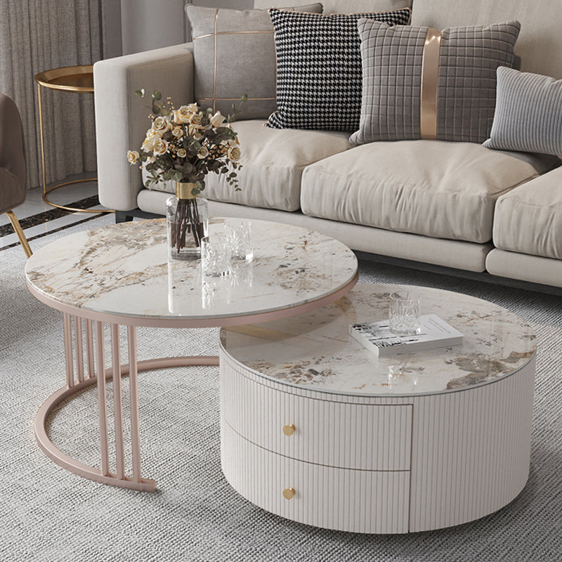 Glam Nesting Coffee Table Set Drum Round Slate Coffee Table with Drawers 31"L x 31"W x 17"H + 28"L x 28"W x 14"H Stone Pandora Gold Clearhalo 'Coffee & Accent Tables' 'Coffee Tables' 'coffee_tables' 'furn' 'furn_coffee_tables' 'Furniture' 'Living Room Furniture' 7131730