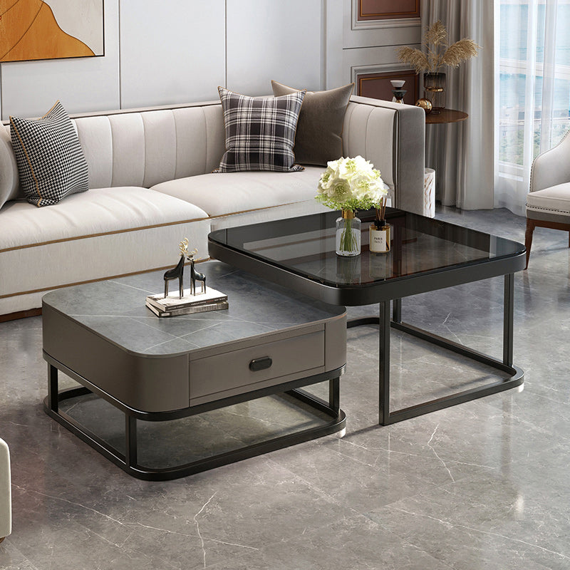 Modern 2 Nesting Glass Coffee Table Set Steel Frame Base 1 - Drawer Cocktail Table 28"L x 28"W x 18"H + 24"L x 24"W x 15"H Black Gray Clearhalo 'Coffee & Accent Tables' 'Coffee Tables' 'coffee_tables' 'furn' 'furn_coffee_tables' 'Furniture' 'Living Room Furniture' 7131917