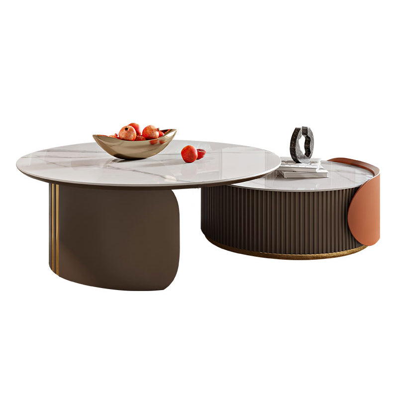 Round Coffee Table Slate Glam Nesting Coffee Table Set with Drawer White Brown Clearhalo 'Coffee & Accent Tables' 'Coffee Tables' 'coffee_tables' 'furn' 'furn_coffee_tables' 'Furniture' 'Living Room Furniture' 7132184