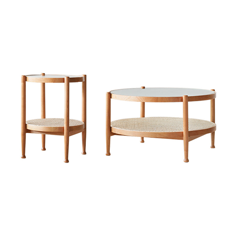 4 Legs Tropical Glass Coffee Table No Distressing Bunching Tables with Shelf 31.5"L x 31.5"W x 18"H + 18"L x 18"W x 23.5"H Cherry Wood Clearhalo 'Coffee & Accent Tables' 'Coffee Tables' 'coffee_tables' 'furn' 'furn_coffee_tables' 'Furniture' 'Living Room Furniture' 7132279