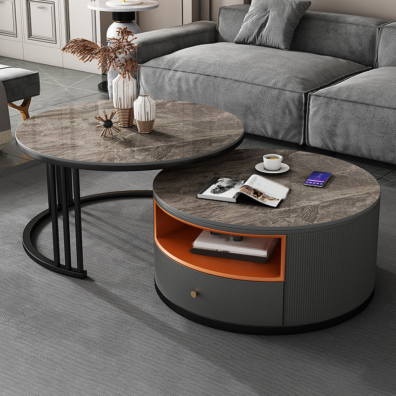 Round Coffee Table Set Frame Nesting Coffee Table Set with 2 Drawers Grey Stone Clearhalo 'Coffee & Accent Tables' 'Coffee Tables' 'coffee_tables' 'furn' 'furn_coffee_tables' 'Furniture' 'Living Room Furniture' 7132441