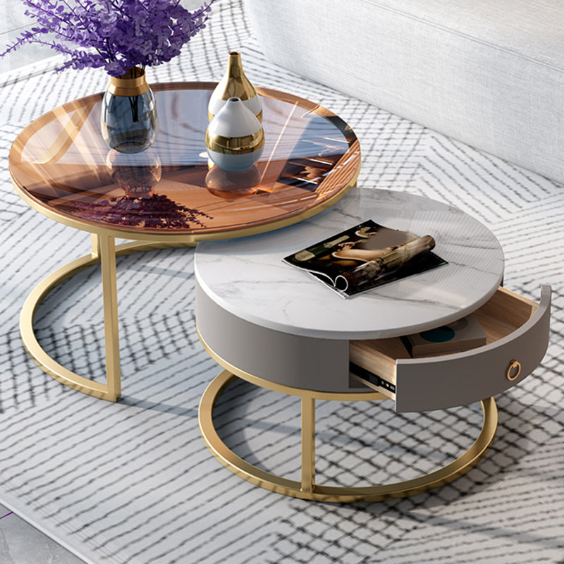 No Distressing Round Coffee Table Frame Nesting Coffee Table Set with Drawer Grey Gold Clearhalo 'Coffee & Accent Tables' 'Coffee Tables' 'coffee_tables' 'furn' 'furn_coffee_tables' 'Furniture' 'Living Room Furniture' 7132474