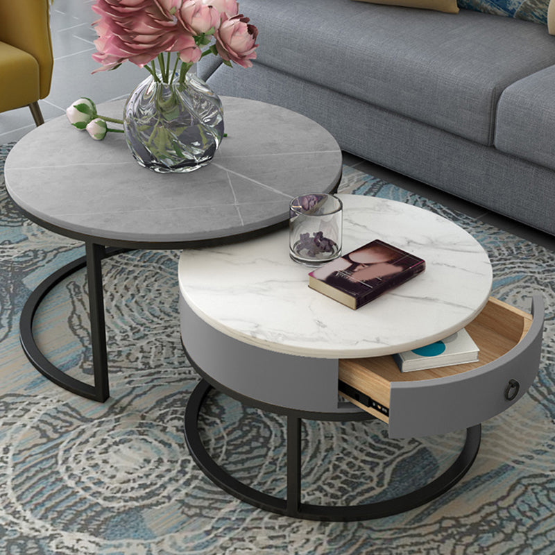 Slate Round Frame Coffee Table Modern Nesting Coffee Table Set with Drawer Marble Gray Black Clearhalo 'Coffee & Accent Tables' 'Coffee Tables' 'coffee_tables' 'furn' 'furn_coffee_tables' 'Furniture' 'Living Room Furniture' 7132538