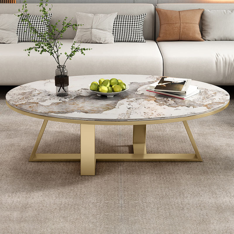 Metal Cross Legs Cocktail Table Luxurious Oval Stone Top Coffee Table Gold Pandora Gold Clearhalo 'Coffee & Accent Tables' 'Coffee Tables' 'coffee_tables' 'furn' 'furn_coffee_tables' 'Furniture' 'Living Room Furniture' 7135496