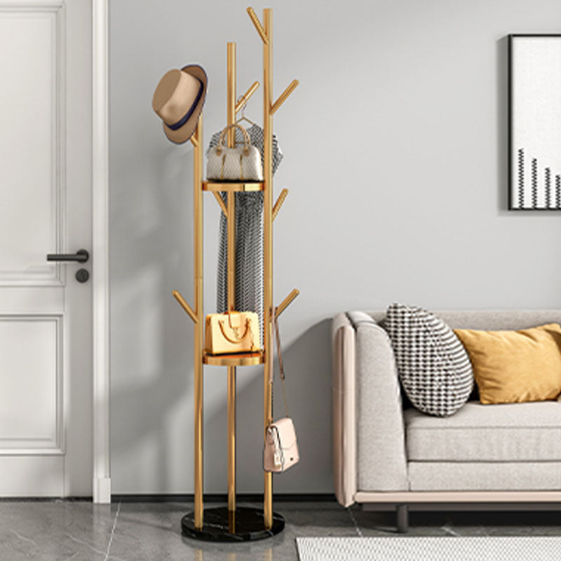 Metal Entry Hall Tree Marble Base Coat Rock with 2 Shelves , 66.92" H Gold-Black Clearhalo 'Entry & Mudroom Furniture' 'furn' 'furn_hall_tree_coat_racks' 'Furniture' 'Hall Trees & Coat Racks' 'hall_tree_coat_racks' 7139161