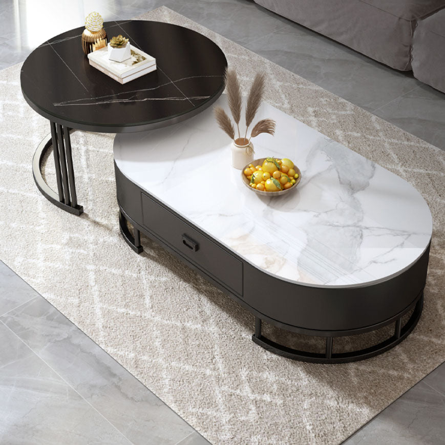 Glam Coffee Table Oval Nesting Nesting Coffee Table with Drawer Slate Cocktail Table