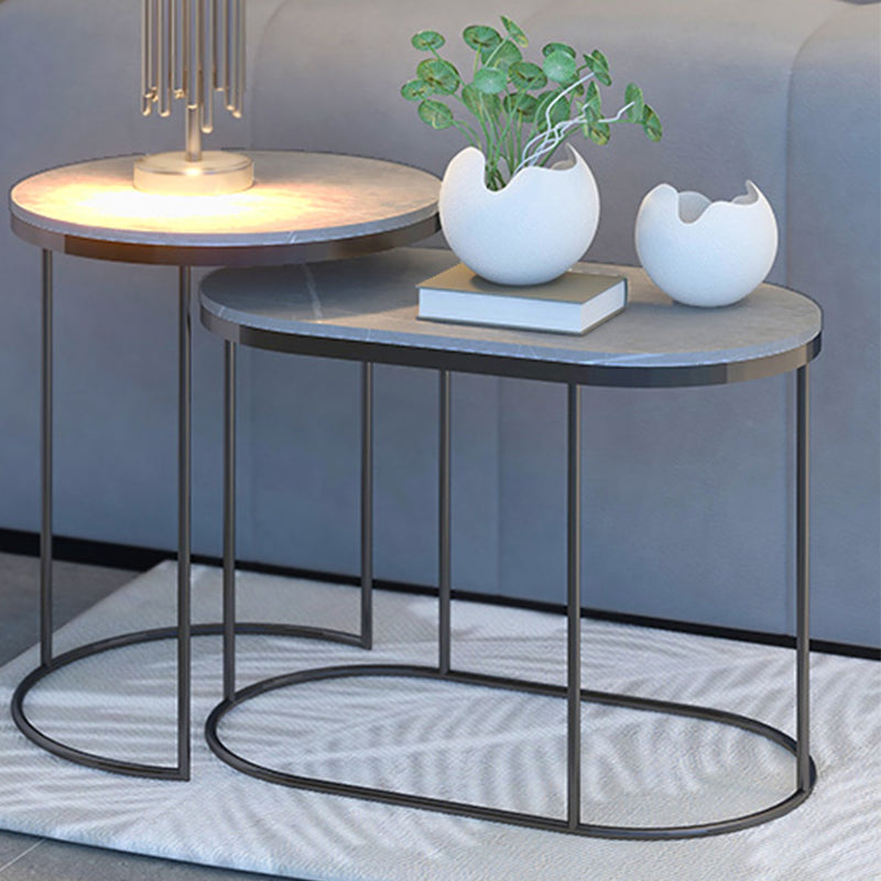 Luxurious Stone Top End Table Metal Frame Sofa Side Accent Table 25.2"L x 14.2"W x 17.7"H + 17.7"L x 17.7"W x 20.9"H Black Gray Clearhalo 'Coffee & Accent Tables' 'End & Side Tables' 'end_side_tables' 'furn' 'furn_end_side_tables' 'Furniture' 'Living Room Furniture' 7162917