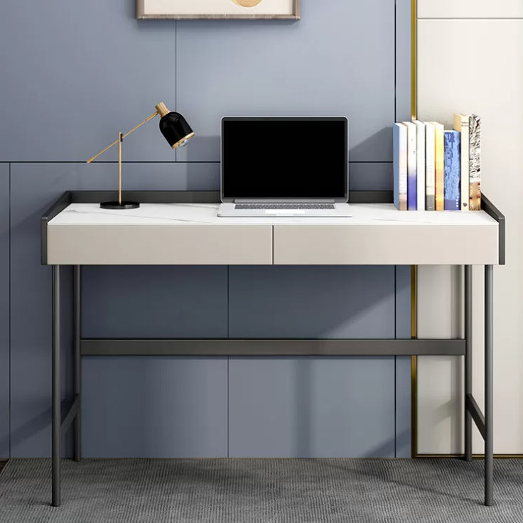 Modern Stone Rectangular Writing Desk 2-Drawers White Office Desk with H-Base 47.2"L x 19.7"W x 30.3"H Clearhalo 'furn' 'furn_office_desk' 'Furniture' 'Office Desks' 'Office Furniture' 'office_desk' 7169766