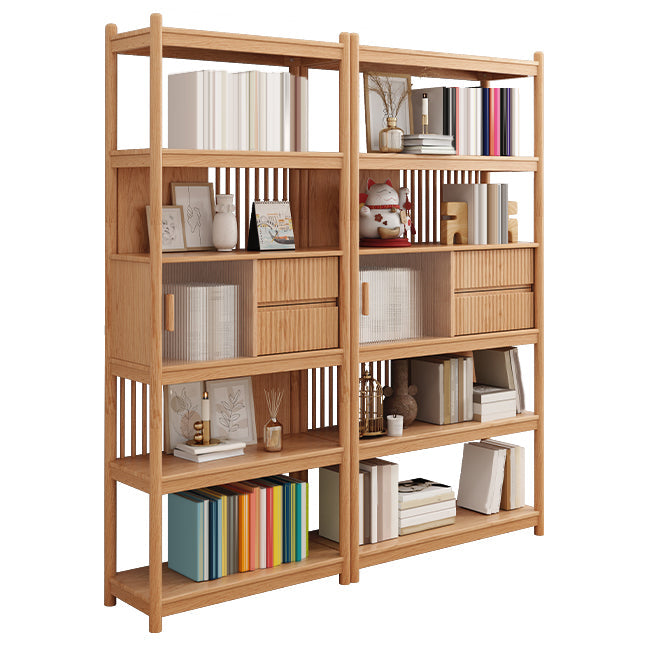 Brown/Natural Glass Paned Cabinet, Solid Wood Mid-Century Modern Cabinet