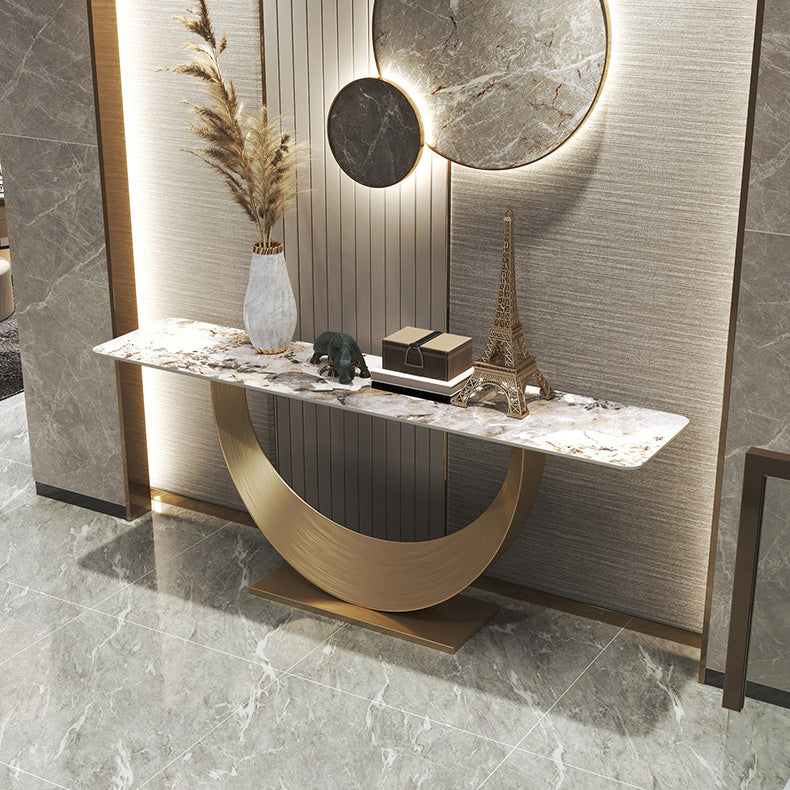 Glam Rectangle Console Table Golden Stone Console Sofa Table for Hall