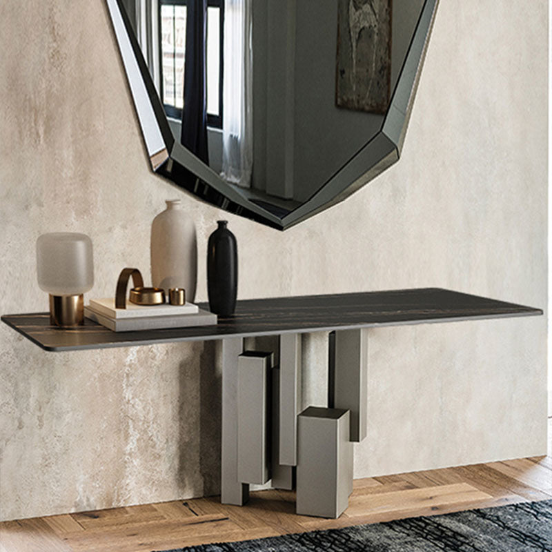 Modern Rectangular Console Table Stone Console Sofa Table in Grey/Black