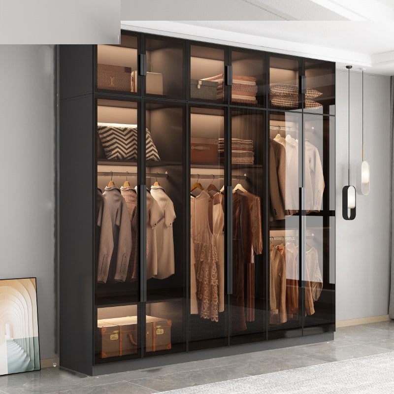 Freestanding Grey Wood Frame Wardrobe Modern Multifunctional Wardrobe with Glass Doors Armoire with Top Cabinet 94.5"L x 20"W x 77"H Clearhalo 'Armoires & Wardrobes' 'armoires_wardrobes' 'Bedroom Furniture' 'furn' 'furn_armoires_wardrobes' 'Furniture' 7213401