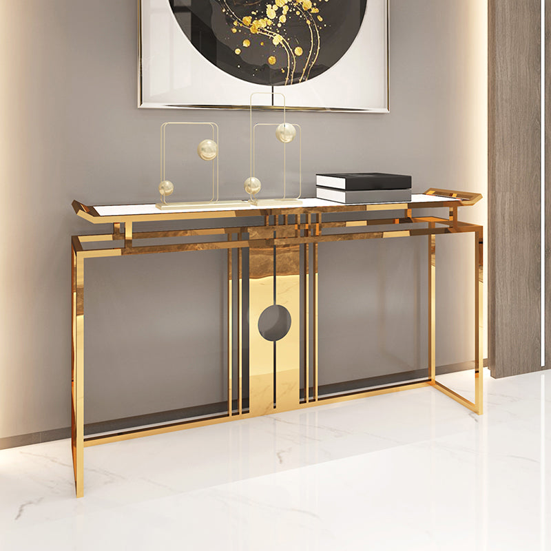 Glam Console Table Marble Accent Table in Gold for Hall , 12 Inch Wide 63"L x 12"W x 33"H Clearhalo 'Console Tables' 'console_tables' 'Entry & Mudroom Furniture' 'furn' 'furn_console_tables' 'Furniture' 7217049