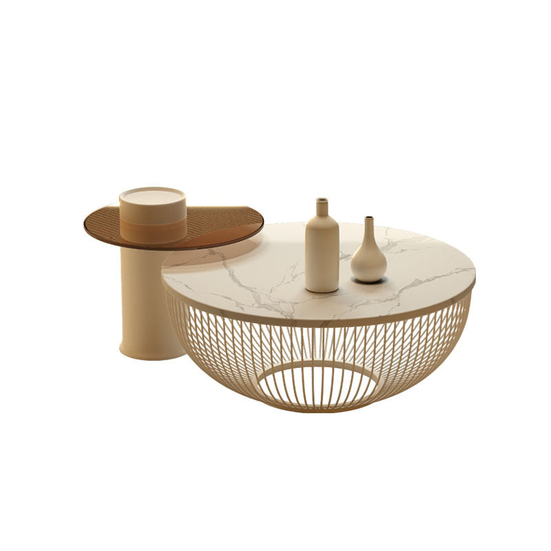 Modern Round Drum Coffee Table Metal Cocktail Table in White 31"L x 31"W x 13"H + 20"L x 20"W x 16"H Stone Clearhalo 'Coffee & Accent Tables' 'Coffee Tables' 'coffee_tables' 'furn' 'furn_coffee_tables' 'Furniture' 'Living Room Furniture' 7225496