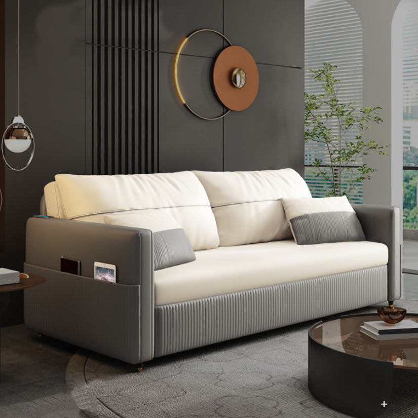 Contemporary Futon Sofa Bed with Storage Pillow Back Square Arms Sleeper Sofa Beige Clearhalo 'furn' 'furn_futons' 'Furniture' 'Futons & Daybeds' 'Futons' 'Living Room Furniture' 7231835