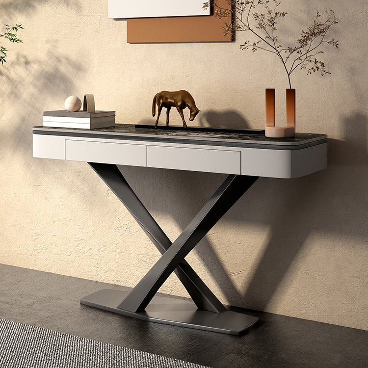Glam Rectangle Accent Table Stone Sofa Console Table for Hall 63"L x 14"W x 33"H Black Clearhalo 'Console Tables' 'console_tables' 'Entry & Mudroom Furniture' 'furn' 'furn_console_tables' 'Furniture' 7232639