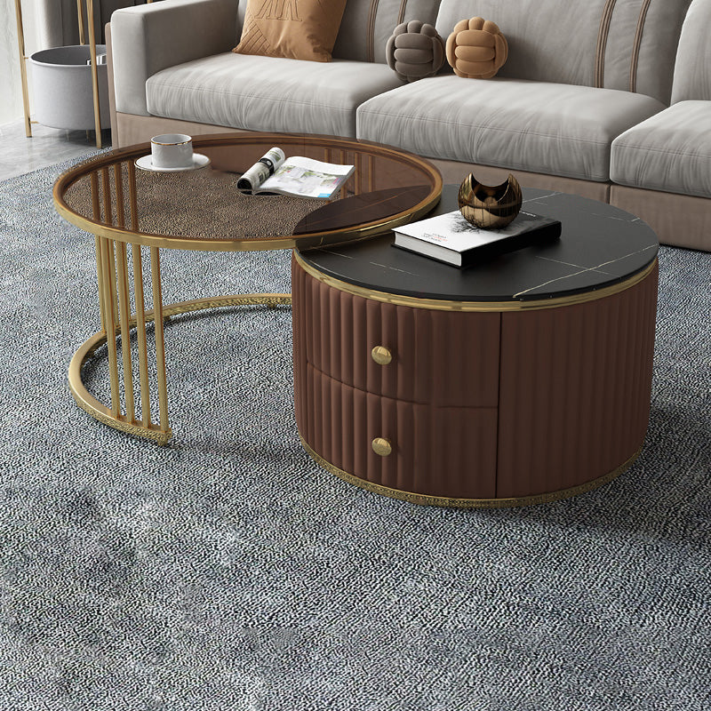 Round Coffee Table Glass Top Nesting Coffee Table Set with Golden Legs 31.5"L x 31.5"W x 16"H + 28"L x 28"W x 14"H Gold-Black Clearhalo 'Coffee & Accent Tables' 'Coffee Tables' 'coffee_tables' 'furn' 'furn_coffee_tables' 'Furniture' 'Living Room Furniture' 7272779