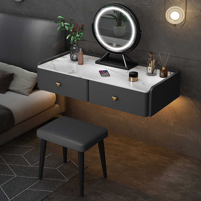 Contemporary Double Drawers Make-up Vanity Marble Makeup Vanity Desk Table Makeup Vanity & Mirror & Stools 39"L x 17"W x 7"H Dark Gray Clearhalo 'Bedroom Furniture' 'furn' 'furn_makeup_vanities' 'Furniture' 'Makeup Vanities' 'makeup_vanities' 7277291