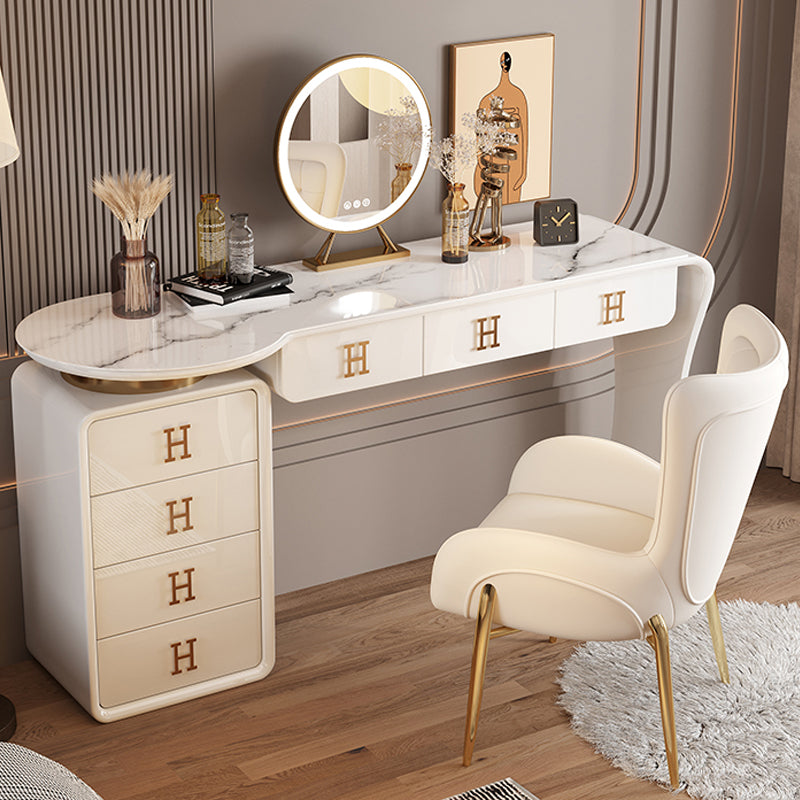 Modern Wood Vanity Table Set with Mirror and Stool Glam Slate 7 Drawers Dressing Table Makeup Vanity & Mirror & Stools White Clearhalo 'Bedroom Furniture' 'furn' 'furn_makeup_vanities' 'Furniture' 'Makeup Vanities' 'makeup_vanities' 7277308