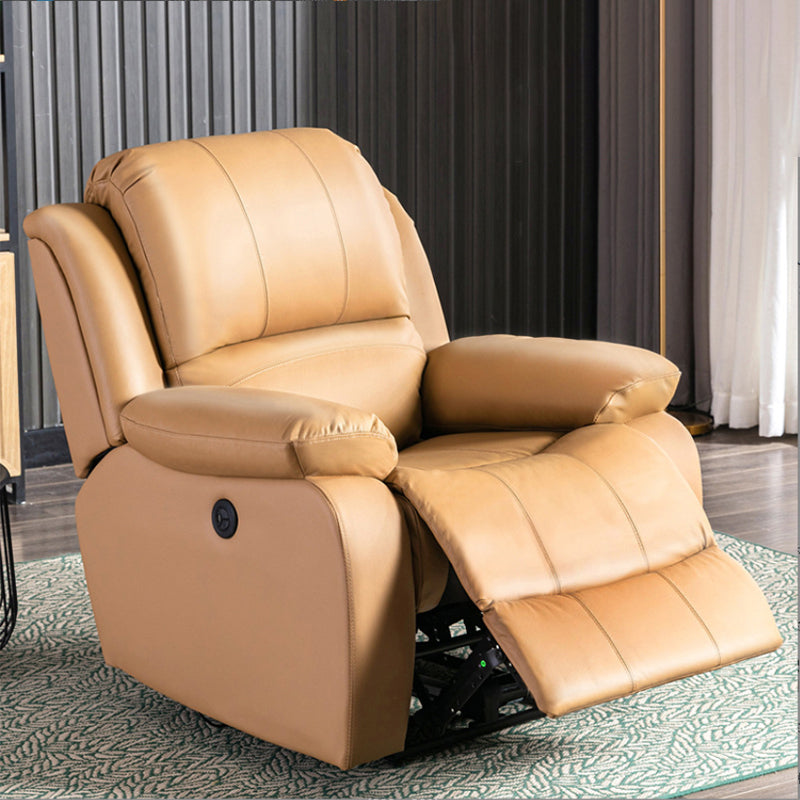 Traditional Standard Recliner Metal Indoor Swiveling Manual-Push Botton Genuine Leather Khaki Clearhalo 'Chairs & Seating' 'furn' 'furn_recliners' 'Furniture' 'Living Room Furniture' 'Recliners' 7305805