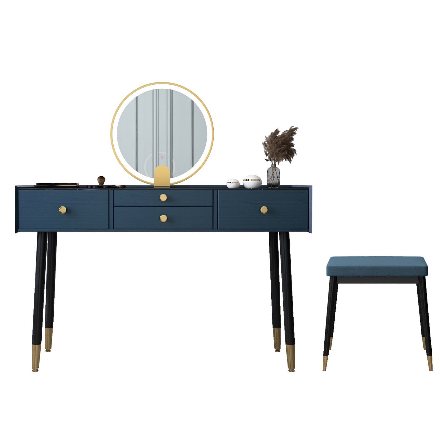 Scandinavian Lighted Mirror Makeup Vanity Desk in Wood Vanity Dressing Table Set Makeup Vanity & Mirror & Stools 47"L x 16"W x 30"H Blue Clearhalo 'Bedroom Furniture' 'furn' 'furn_makeup_vanities' 'Furniture' 'Makeup Vanities' 'makeup_vanities' 7323132