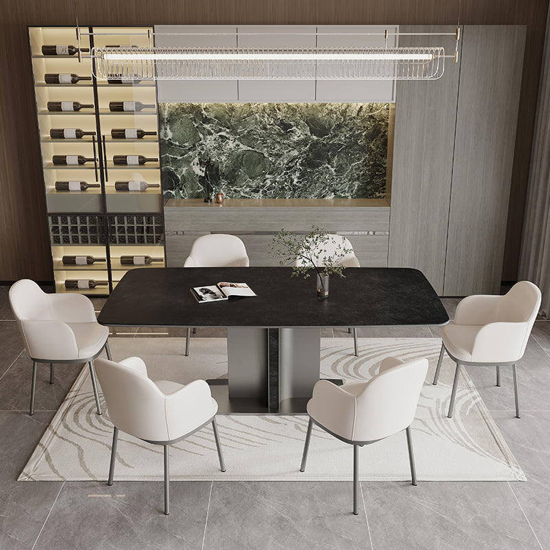 Black Stone Dining Table Set 1/4/5/7 Pcs Indoor Dinette Set with Leather Chairs 7 Pieces: Table, 6 Chairs Clearhalo 'Dining Room Sets' 'Dining Tables & Seating' 'dining_room_set' 'furn' 'furn_dining_room_set' 'Furniture' 'Kitchen & Dining Furniture' 7324746