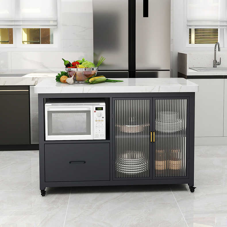 Modern Marble Prep Table with Storage Cabinet Dining Room Island Table Black Clearhalo 'furn' 'furn_kitchen_islands_carts' 'Furniture' 'Kitchen & Dining Furniture' 'Kitchen Islands & Carts' 'kitchen_islands_carts' 7329032