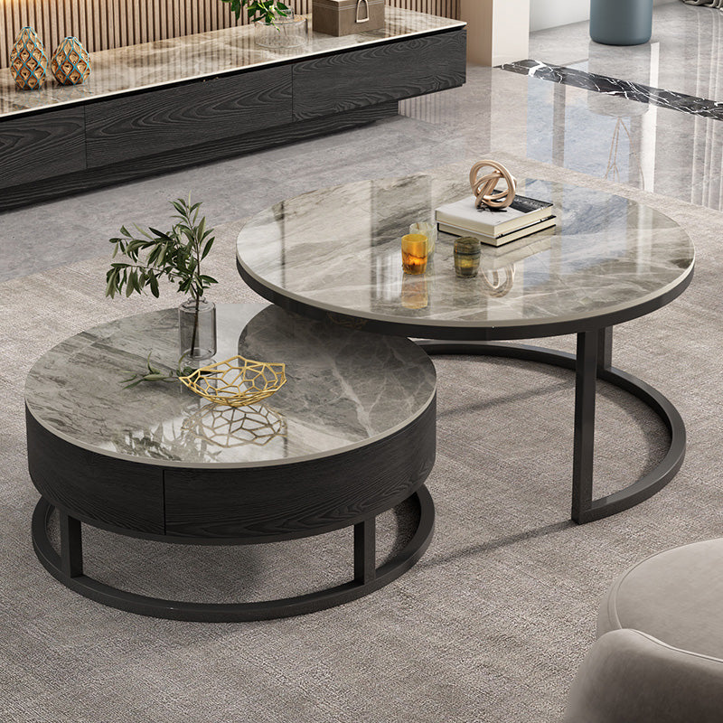 Round Slate Top Coffee Table Frame Coffee Cocktail Table with Drawers Gray Clearhalo 'Coffee & Accent Tables' 'Coffee Tables' 'coffee_tables' 'furn' 'furn_coffee_tables' 'Furniture' 'Living Room Furniture' 7333541