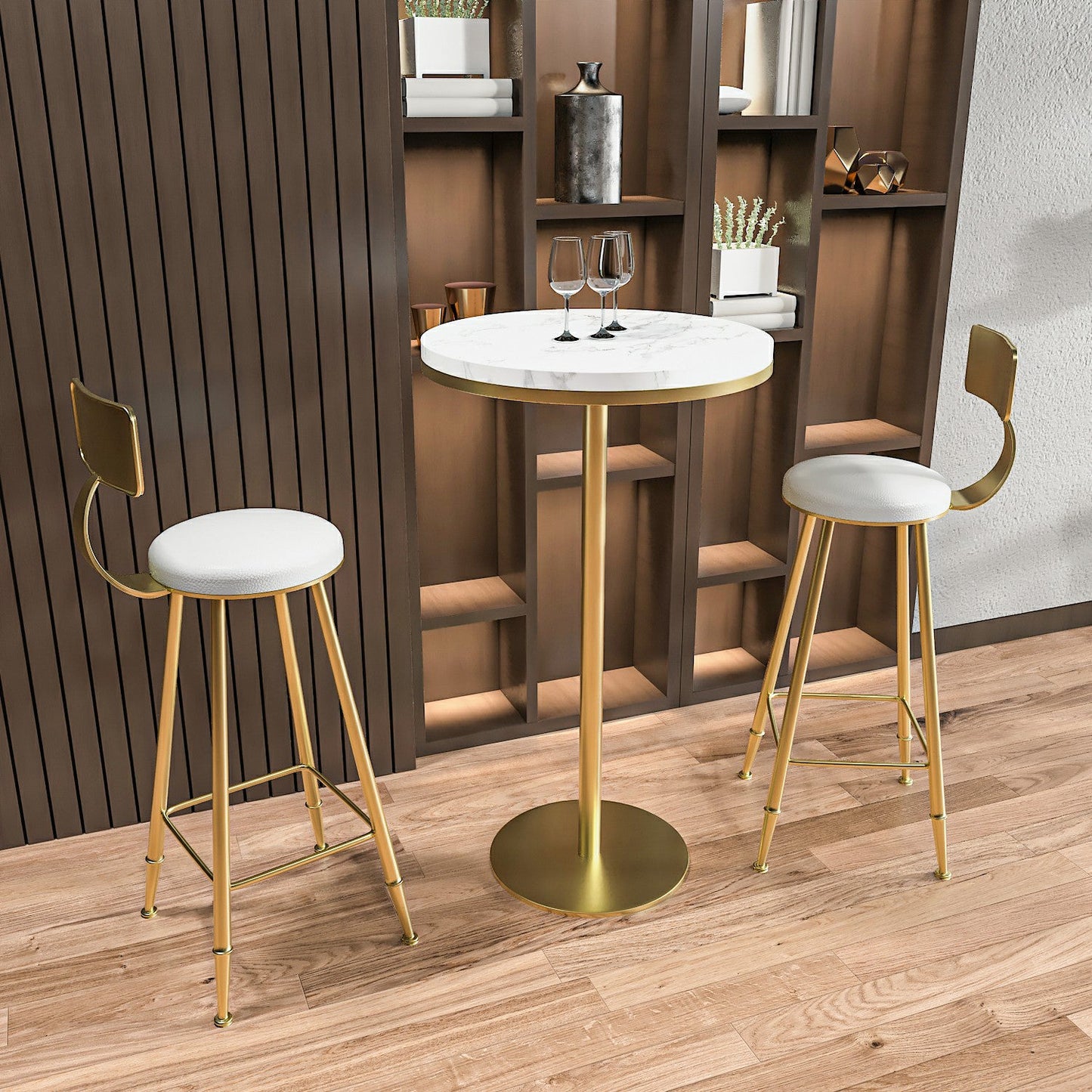 Modern Round Bar Table Set 1/3 Pcs Solid Wood Bar Table and Leather Upholstered Stools Table & Chair(s) White-Gold 3 Piece Set Clearhalo 'Bar Furniture' 'furn' 'furn_home_bar_bar_sets' 'Furniture' 'Home Bars & Bar Sets' 'home_bar_bar_sets' 'Kitchen & Dining Furniture' 7338789