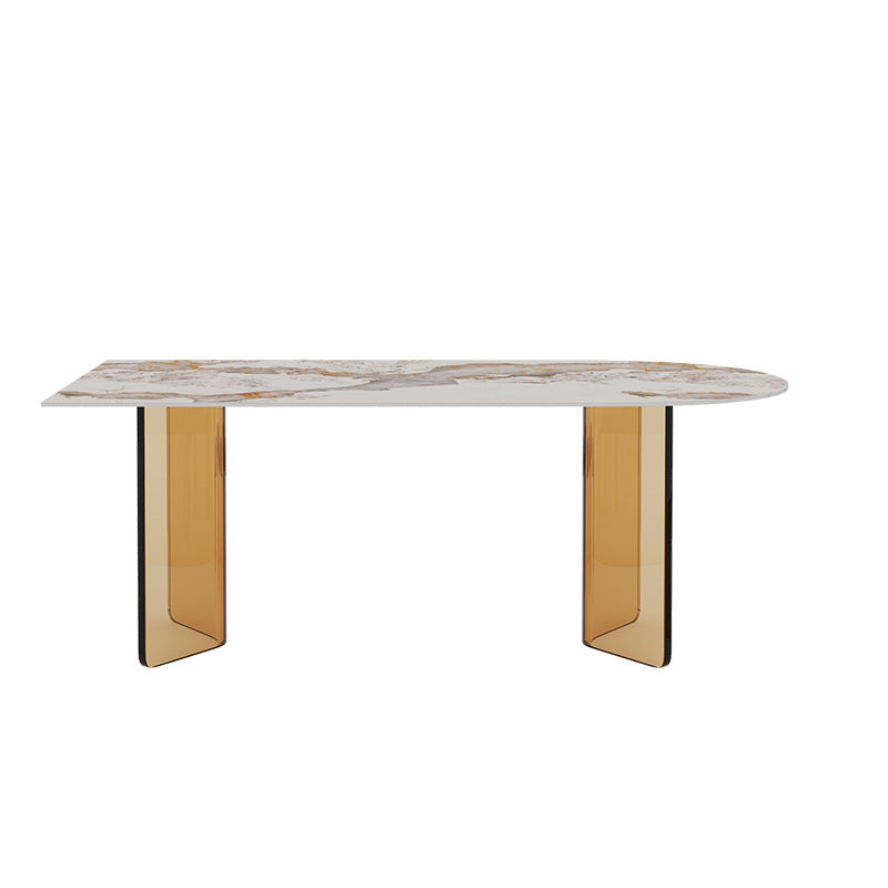 Glossy Beige Dinette Table with Double Pedestal Modern Dining Table for Home Brown Without Chairs Clearhalo 'Dining Tables & Seating' 'Dining Tables' 'dining_table' 'furn' 'furn_dining_table' 'Furniture' 'Kitchen & Dining Furniture' 7341483
