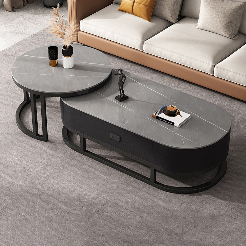 Oval Coffee Table Slate Nesting Coffee Table Set with Black Legs Gray Drawers Included Clearhalo 'Coffee & Accent Tables' 'Coffee Tables' 'coffee_tables' 'furn' 'furn_coffee_tables' 'Furniture' 'Living Room Furniture' 7344987