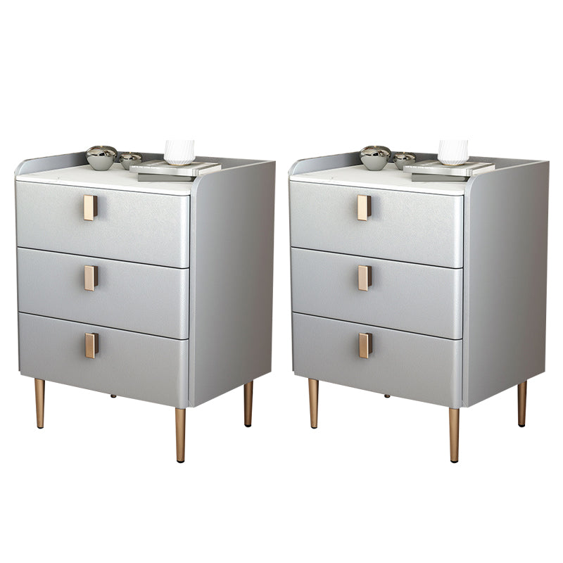 Contemporary Bed Nightstand Stone Bedside Cabinet with 3 Drawers Light Gray Gold 2 Piece Set Clearhalo 'Bedroom Furniture' 'furn' 'furn_night_stand' 'Furniture' 'night_stand' 'Nightstands' 7357070