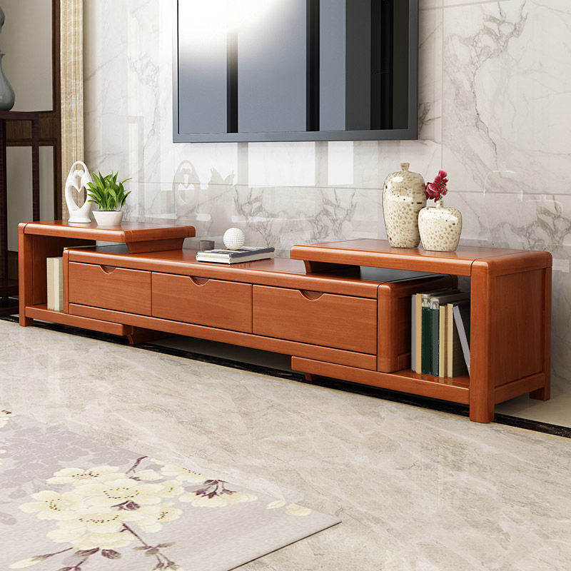 Scandinavian Rubber Wood Media Console Open Shelving TV Stand with Drawers 68.9"L x 15"W x 16.9"H Medium Wood Clearhalo 'furn' 'furn_tv_stands_entertainment_centers' 'Furniture' 'Living Room Furniture' 'TV Stands & Entertainment Centers' 'TV Stands & Media Storage Furniture' 'tv_stands_entertainment_centers' 7365013