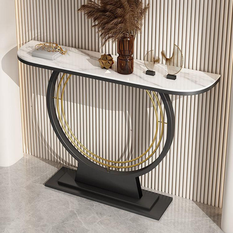 12 Inch Wide Glam Accent Table Half Moon Stone Console Table for Hall
