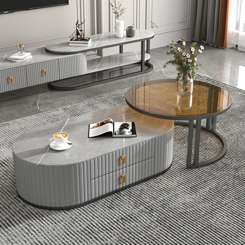 Oval Tropical Coffee Table Slate Storage 2 Nesting Coffee Table Set Gold-grey Black Clearhalo 'Coffee & Accent Tables' 'Coffee Tables' 'coffee_tables' 'furn' 'furn_coffee_tables' 'Furniture' 'Living Room Furniture' 7384111
