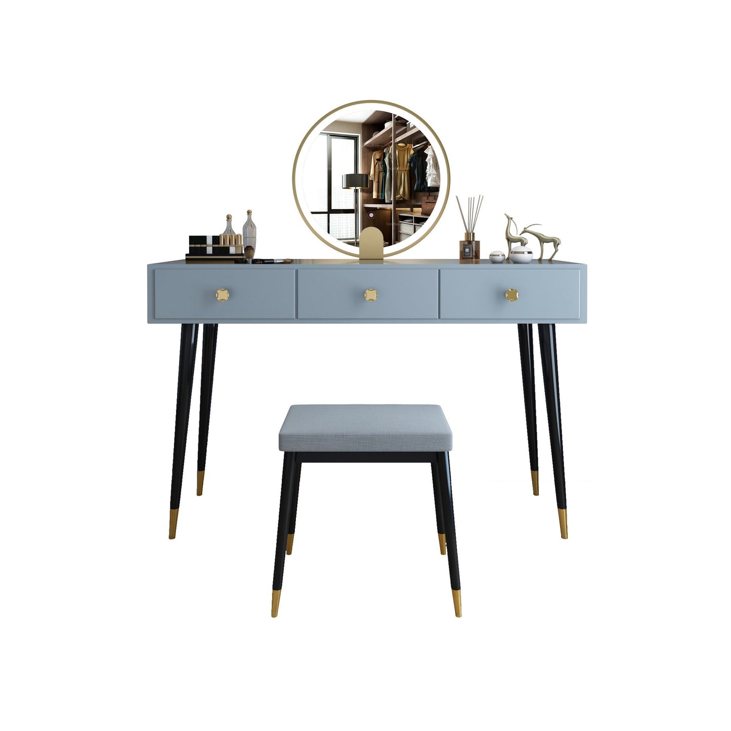 Modern Solid Wood Vanity Dressing Table with Mirror and Stool Makeup Vanity & Mirror & Stools 47"L x 16"W x 30"H Grey Clearhalo 'Bedroom Furniture' 'furn' 'furn_makeup_vanities' 'Furniture' 'Makeup Vanities' 'makeup_vanities' 7404983