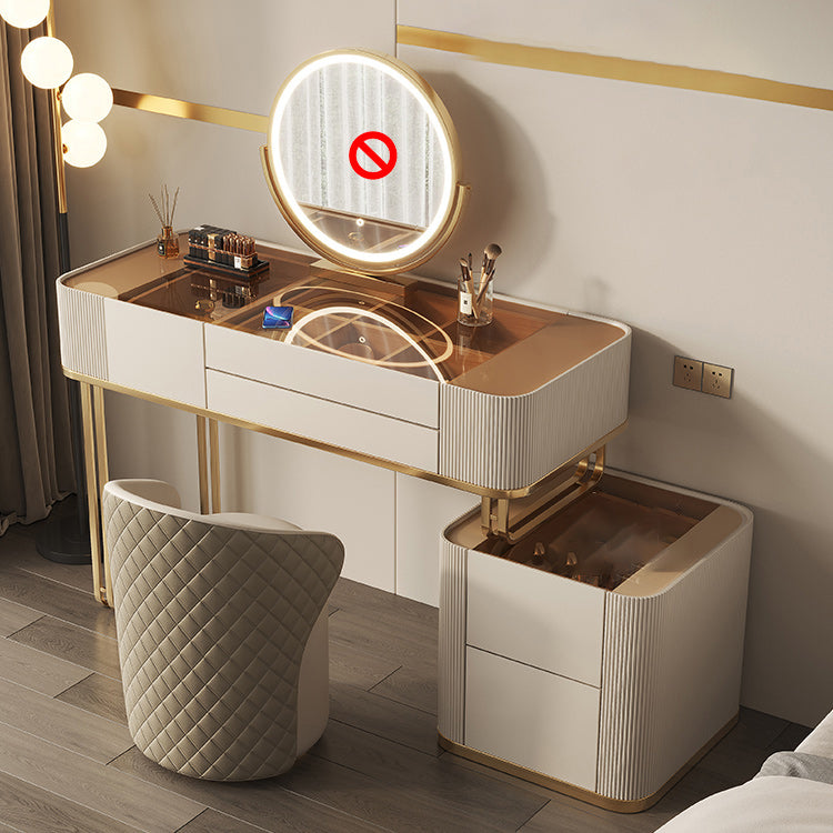 Mesa de tocador de vidrio minimalismo con espejo y taburete 5 cajones tocador beige