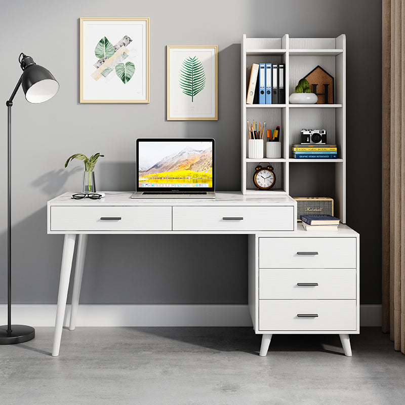 Rechthoekig gevormde kantoor laptoptafel witte steen schrijfbureau met 5 laden