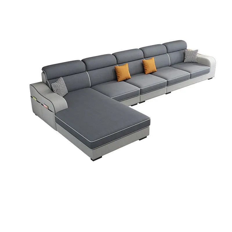 31.49" Tall Grey Sectional Sofa Faux Leather/Linen Flared Arm Modular Sofa 4-Seater Sofa & Chaise Clearhalo 'furn' 'furn_sectionals' 'Furniture' 'Living Room Furniture' 'Sectionals' 7421111