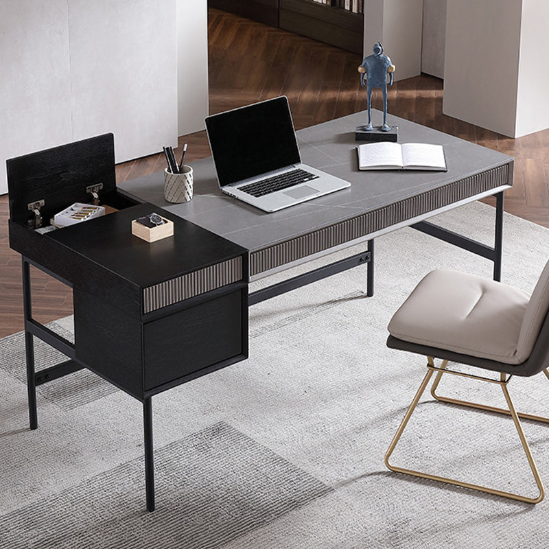 Industrial Style Stone Writing Desk Rectangular Office Desk with 3 Drawers 63"L x 27.6"W x 29.5"H Gray Clearhalo 'furn' 'furn_office_desk' 'Furniture' 'Office Desks' 'Office Furniture' 'office_desk' 7456072