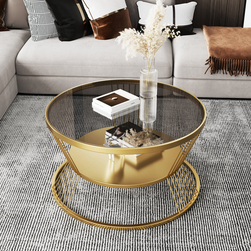 Round Coffee Cocktail Table Glass Top Frame Coffee or End Table with Storage Shelf Gold Clear Clearhalo 'Coffee & Accent Tables' 'Coffee Tables' 'coffee_tables' 'furn' 'furn_coffee_tables' 'Furniture' 'Living Room Furniture' 7475615