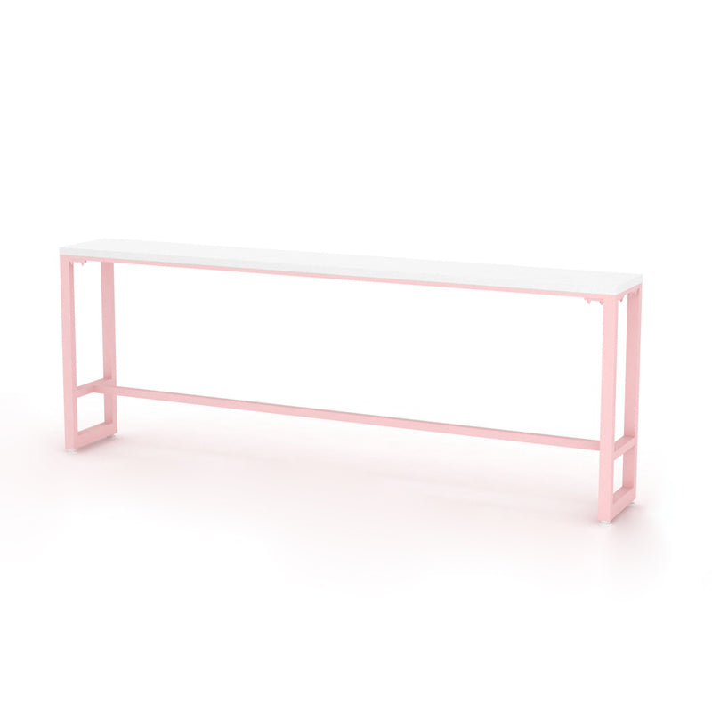 Glam Rectangle Bar Stool Table White Top Pub Table with Pink Base 110.2"L x 15.7"W x 41.3"H Wood Without Chairs Clearhalo 'Bar Furniture' 'Bar Tables' 'bar_tables' 'furn' 'furn_bar_tables' 'Furniture' 'Kitchen & Dining Furniture' 7477959
